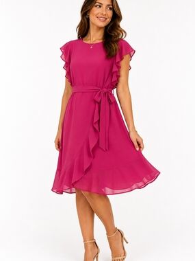 Shelby And Palmer Fuchsia Ruffle Sleeve Wrap Tie-Waist Dress